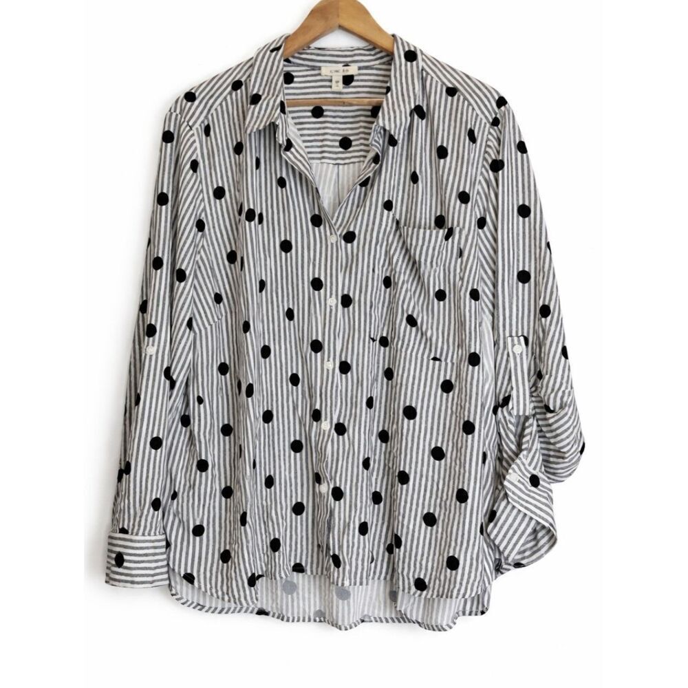 womens 2xl como blu tab sleeve shirt blouse polka dot  gray black top